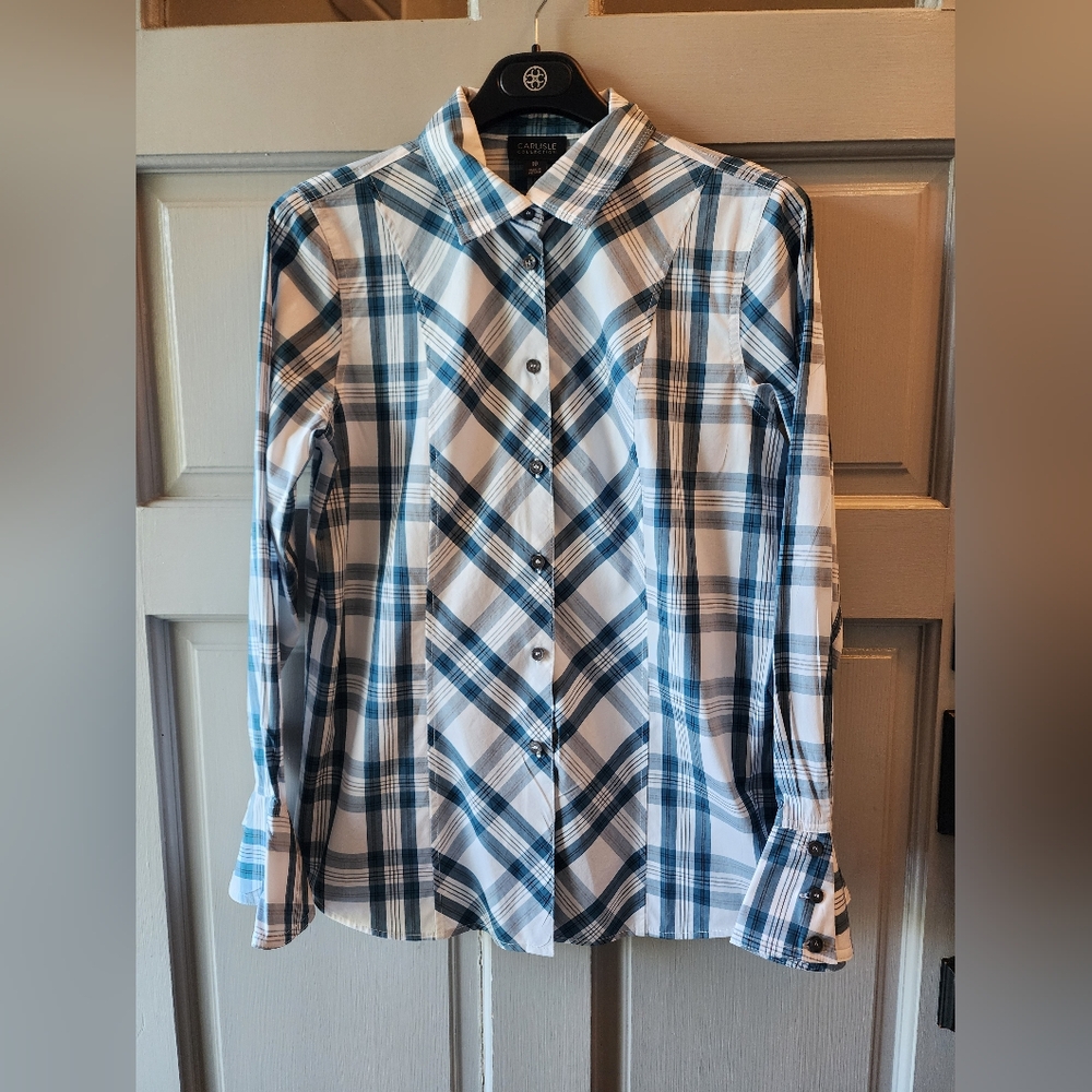 CARLISLE Women's Plaid Button Down Luxury Top with Bell Cuffs size 10